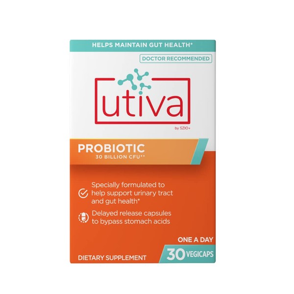 Utiva Probiotic for Gut and Urinary Tract Health – 12 Billion CFU at time of Expiry – 30 Delayed Release Vegi Capsules – Natural Blend of Lactobacillus and Bifidobacterium Strains – Made in Canada
