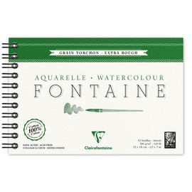 Clairefontaine Fontaine 96319C Watercolour Pad with Double Spiral, 12 Sheets, Coarse Grain Torchon, 100% Rough, Ideal for Wet Techniques, 300 g, 12 x 18 cm, White