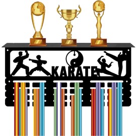 CREATCABIN Karate Medal Hanger Display Trophy Shelf Medal Holder with Shelf Stand Sports 4 Rows Hanging Wall Mount Frame for Running Competition Ribbon Rack 15.7x7.9Inch