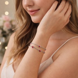 Flpruy 925 Silver Heart Birthstone Bracelet Women's January Red Stone Adjustable Lucky & Love Symbol Birthday Christmas Gift for Women Girls