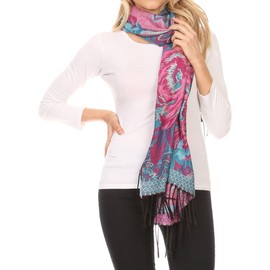 Sakkas 1755 - Aurora Floral Rose Pashmina Scarf Shawl with Fringe Super Warm Soft Vegan - Turq/pink - OS