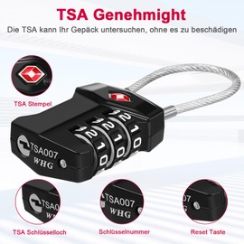 ZHEGE TSA Lock, 3 Digit Suitcase Lock, Combination Lock, Small, Cable Lock with White Numbers, Luggage Lock, Travel Lock for Suitcase, Backpacks, Tent, Drawer (Pack of 1, Black)