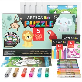 Arteza Kids Coloring Kit, 5 Safari Jigsaw Puzzles, 16 Crayons, 6 Tubes of Glitter Glue, 5 Frames, DIY and Screen-Free Kids’ Activities, Craft and Art Supplies for Ages 3 and Up