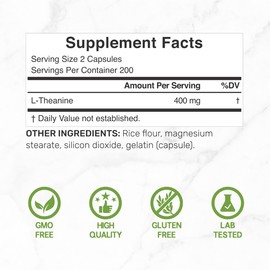 L-Theanine 400mg, 400 Capsules – Extra Strength Theanine Supplement – Amino Acids for Focus & Relaxation Support – Non-GMO & Gluten Free