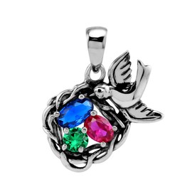 Silvershake Cluster Cocktail Gemstones 925 Sterling Silver Scroll/Filigree Bird Nest Pendant Family Birthstone Jewelry, Small, 925 String Silver Rhodium/White Gold & Antique Finishing, Created Sapphire Nano Emerald and Simulated Ruby Created Ruby Created
