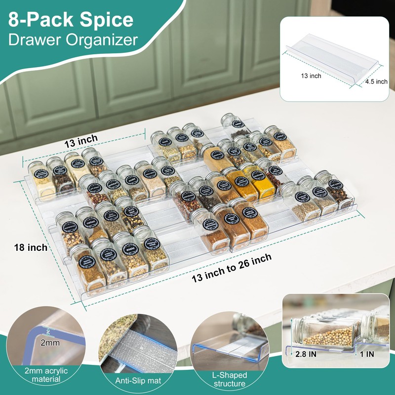 Brippo 8-Pack Spice Drawer Organizer, Expandable Acrylic Seasoning Rack (13"