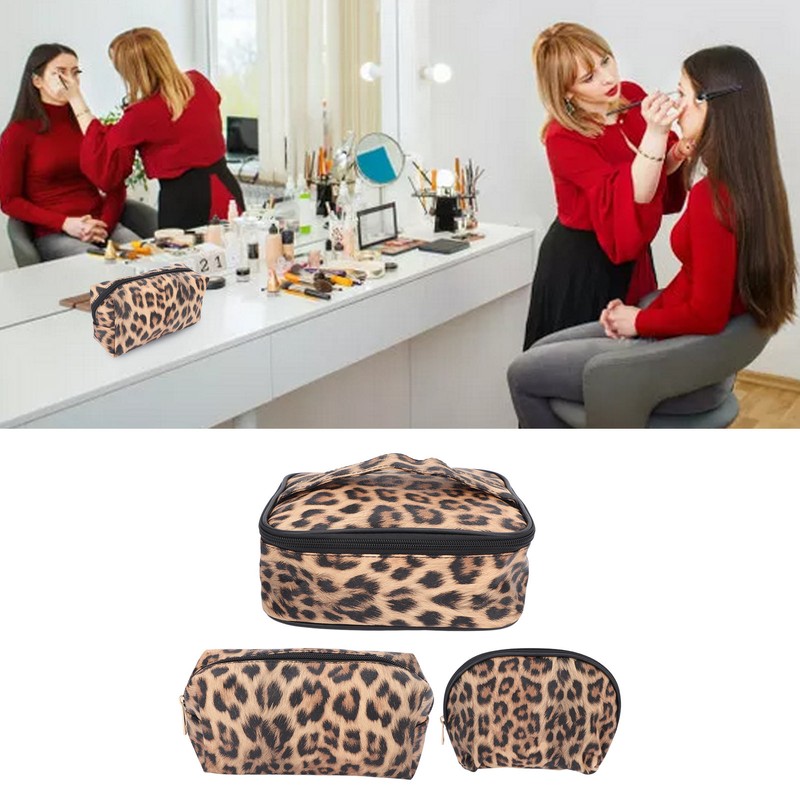 3pcs Makeup Cosmetic Storage Bag PU Leather Waterproof Zipper Closure
