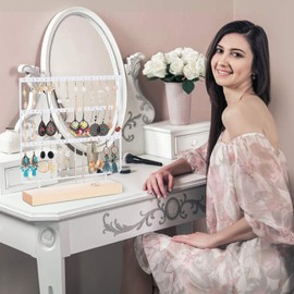 QILICHZ Earring Stand, 3-Tier Earring Holder, Stud Earrings, Decorative Jewellery Holder, Jewellery Stand, Display with Wooden Tray, for Earrings, Necklace, Bracelet, Rings