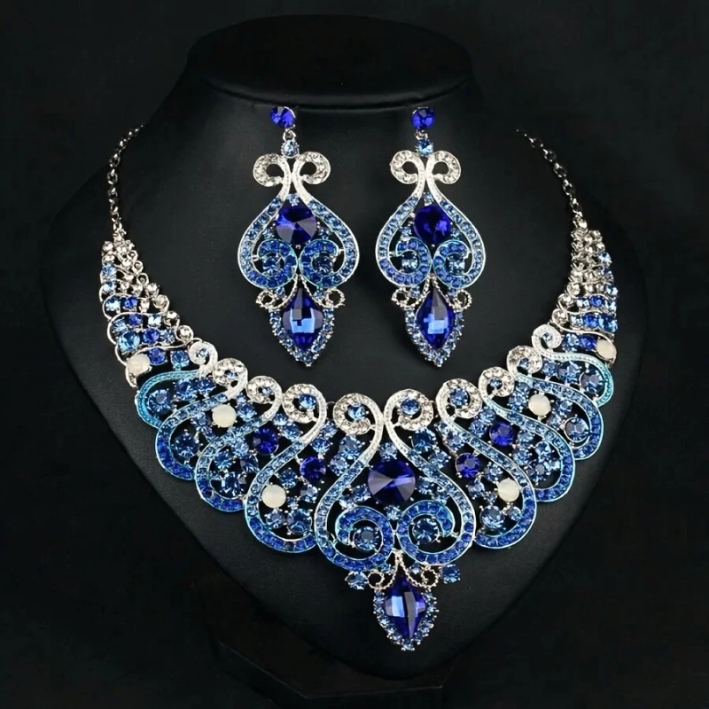 2pcs Luxurious Retro Style Blue Crystal Flower Necklace and Earrings