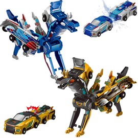 2PCS Dinosaur Transforming Car Toy, Magnetic Cars Transform into Dinosaurs, Fun - Collision Transformation Car Toys for Boys & Girls, Party Favors Gift for Birthday, Christmas (Colorful)
