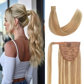18 Inch Human Hair Ponytail 70g Long Wrap Around Ponytail Ash Blonde Bleach Blonde Real Hair Ponytail Extension for Women(18inch,70g Ash Blonde-Bleach Blonde)