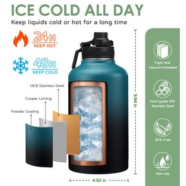 ICIOI 64oz Insulated Water Bottle Half Gallon - Keep Cold-48H & Hot-24H,1/2 Gallon Water Bottle with Paracord Handle,Storage Carrier Bage with Strap,Straw & Spout Lids, Large Jug for Gym Sports