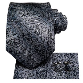 Hi-Tie Extra Long Black and Grey Paisley Men's Necktie Wedding Silk Tie Handkerchief 63inches