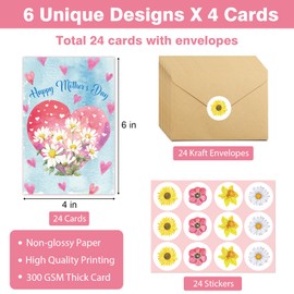 24 Pack Happy Mother's Day Cards Bulk, Floral Mothers Day Cards with Envelopes and Stickers, Great for Mom, Mother-in-Law, Stepmom, Grandma, Aunt, Godmother, Sister, Friend, Daughter, Etc - 6 x 4 In