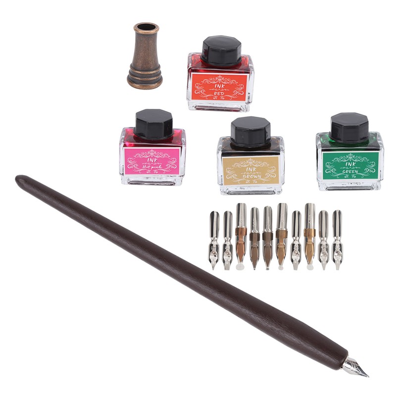 Dip Pen 4-Color Wood Pole Fountain Pen with Replaceable Nib