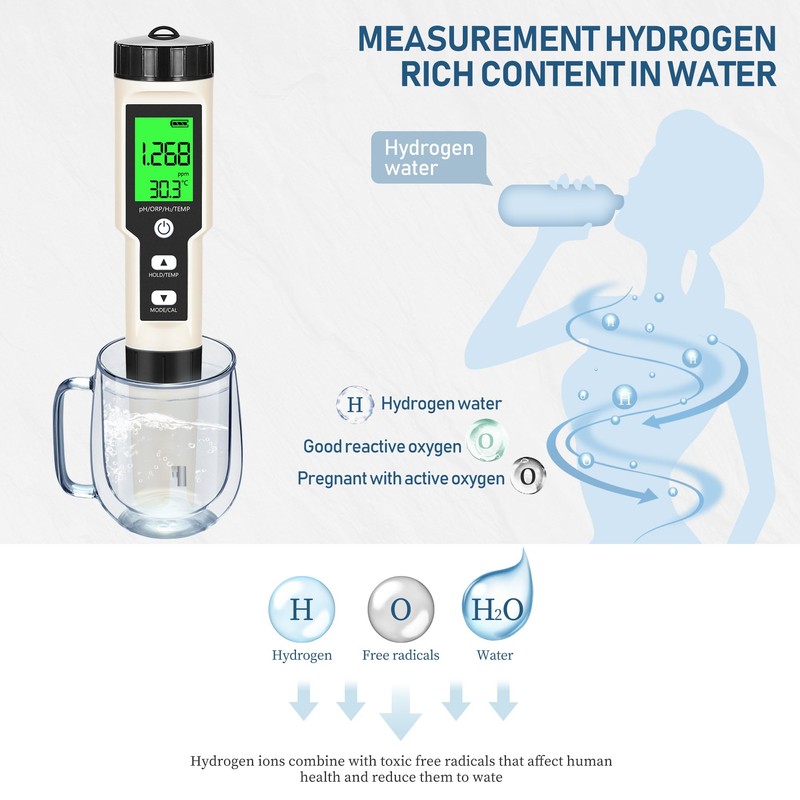 Hydrogen Water Tester 4 in 1 PH,H2,ORP&Temp,pH Meter ORP Meter