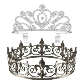 Set De 2 Coronas De Metal Cristal Rey Reina Novios Disfraz Plateado