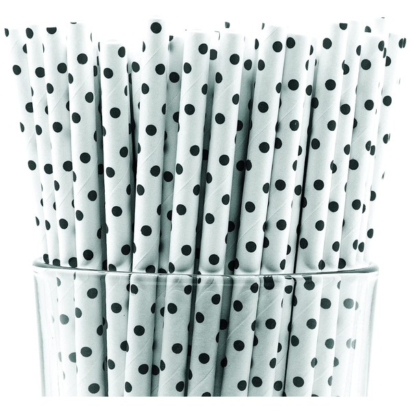 Pack of 900 Black Polka Dot Biodegradable 4-Ply Paper Drinking Straws (Compostable, Non-toxic, BPA-free)