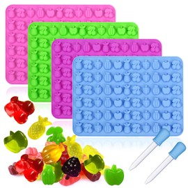 Palksky 4PCS Fruit Snack Molds Silicone, Gummy Molds Trays with Dropper for Candy Chocolate Gummies Baking(Cherries Grape Banana Apple Pineapple)