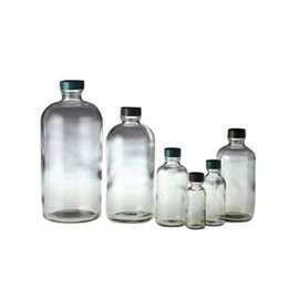 Qorpak GLC-01228 Boston Round Bottle with 33-400 Black Phenolic PolyCone Lined Cap, 950 mL, Clear (Pack of 12)