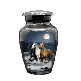 UR Urns Keepsake Cremation Urn - Black Metal with Horses Pattern - 3 cu.in. (3.75 x 2.25 x 3.75 inches) - Handcrafted with Velvet Box & Bag