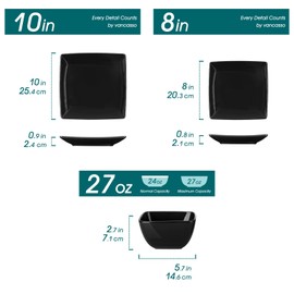 vancasso Soho Dinnerware Sets 12 Pieces, Black Stoneware Square Place Setting, Plates and Bowls Sets, Dinner Plate, Dishes Set for 4