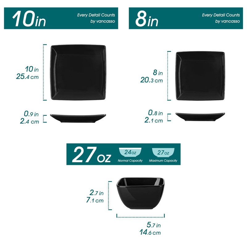 vancasso Soho Dinnerware Sets 12 Pieces, Black Stoneware Square Place