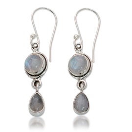 NOVICA Artisan Handmade Moonstone Dangle Earrings Sterling Silver India White Good Fortune Birthstone [1.7 in L x 0.3 in W x 0.2 in D] ' Shimmer'