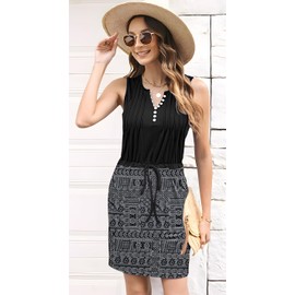 ETCYY Womens Summer Casual Dresses Sleeveless Beach Vacation Sundresses Drawstring Waist Short Striped Dress with Pockets,Striped Black,Large