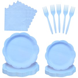 96 Pieces Light Blue Scalloped Tableware Set Party Supplies – Solid Color Disposable Dinnerware with Paper Plates, Napkins, and Forks for Baby Showers, Boys Birthday, Spring Celebrations – Serves 24