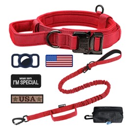 OEBEESA Tactical Dog Collar Adjustable Military Collar: - Nylon K9 Collars with Handle and Heavy Duty Metal Buckle for Medium and Large Dogs with 3 Patches and Airtag Case Holder (Red-Set, L)