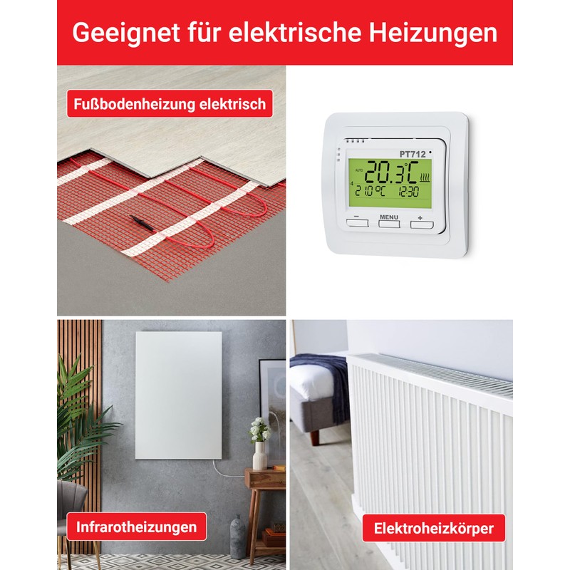 ELEKTROBOCK PT712 Digitaler Raumthermostat 230V - Programmierbarer Wandthermostat mit beleuchtetem