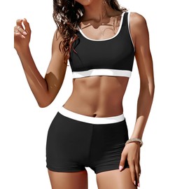 KerryKreey Women 2 Piece Sporty Swimsuits Color Block High Waisted Bikini Teen Crop Tummy Control Tankini Bathing Suit Shorts