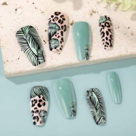 Leopard Print Press on Nails Green Fake Nails Long Coffin Sheped Glue on Nails Leaf Stick on Nails Glossy Full Cover Acrylic Nails Reusable Artificial Nails Kit for Women Girls 24Pcs