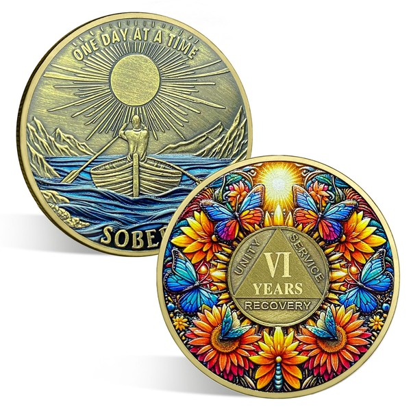 ACGZQY Sobriety Coin, 6 Year Sunflower Butterfly Sobriety Chip AA