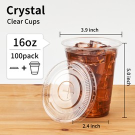 YEEHAW 16 oz. - 100 Pack Clear Plastic Cups With Lids, Disposable Iced Coffee Cups with Flat Lids, Crystal Smoothie Cup for Party, Lemonade Stand, Cold Drinks, Juice, Milkshake