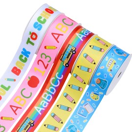 Ribest School Ribbon, 7/8 Inch Back to School Themed Teacher Grosgrain Decorative Ribbon with Bus Pencil Apple ABC Alphabet Pattern for Crafts Gift Wrapping Hair Sewing Wreath, 5 Rolls Total 25 Yards