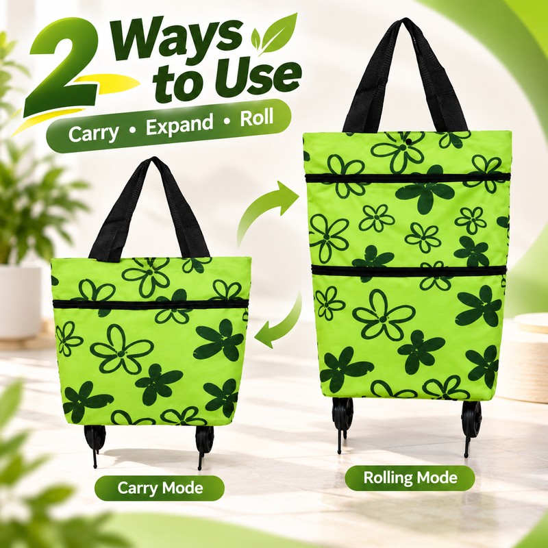 Foldable Wheeled Shopping Bag for Groceries – Expandable Tote-to-Rolling Design