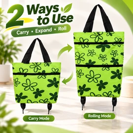 Foldable Wheeled Shopping Bag for Groceries – Expandable Tote-to-Rolling Design for Supermarket Trips & Everyday Shopping