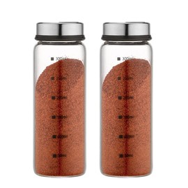 TAMUME Glass Spice, Salt and Pepper Shakers with Dimensions, Adjustable with Different Size Holes for Seasoning, Pack of 2 (300 ml x 2)