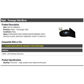 Right Passenger Side Power Mirror - Paint to Match - with Heated Glass - without Memory - Compatible with 2009-2014 Nissan Murano