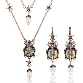 2 Pcs Beetle Dangle Earrings Necklace Set Vintage Bug Fun Earrings for Women Pearl Drop Scarab Jewelry for Bridal Bridesmaids Prom Party Supplies