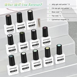 JODSONE 9 Green Colors Jelly Gel Nail Polish Set with Base Coat Top Coat Women's Holiday Gifts