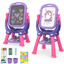 Victostar Easel for Kids, Rotatable Double Sided Art Easel with Magnetic White Board & Chalkboard, Adjustable Standing Toddler Easel with Drawing & Writing Accessories,Gifts for Girls and Boys