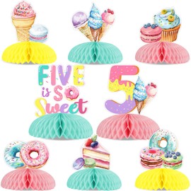 Jollyboom Five is So Sweet Birthday Decorations Girls, 8pcs Donut Ice Cream 5th Birthday Table Decorations Honeycomb Centerpiece Table Topper for Girls Sweet Sassy and Five Birthday Party Supplies