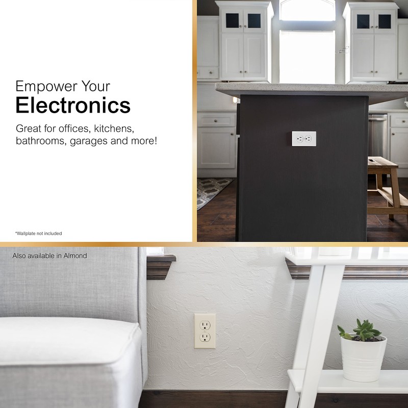 GE UltraPro Duplex Heavy-Duty Receptacle, White, Wall Outlet, Reinforced Yoke,