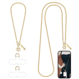 Derraffina Metal Phone Chain,Hands-Free Cell Phone Chain Crossbody Detachable Phone Strap Fits for Smartphone,1* Phone Lanyard,1*Phone Wristlet Strap,2*Cell Phone Tether Tabs (Gold,Long)