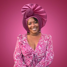 Nigerian for Women Turban Head Wrap African ASO Oke Gele Headties Femme Handmade Sewing Fashion Head Tie for Party (Pink)