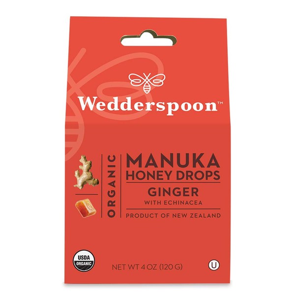 Wedderspoon Organic Manuka Honey Drops, Ginger + Echinacea, Unpasteurized, Genuine New Zealand Honey, Perfect Remedy For Dry Throats, 4.0 Ounce