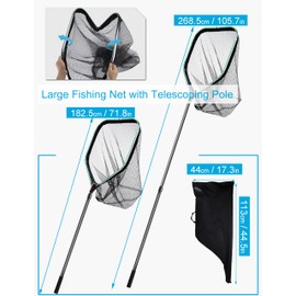 Facikono Saltwater Large Fishing Net with Handle Extra Large Rubber Fishing Landing Net with Telescoping Handle Fish Net, Aluminum Half Folding Nets Extend to 75.8-105.7in, Depth 26.8in